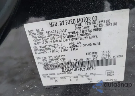 2018 Ford Ecosport Se z USA, uszkodzony, nr VIN MAJ6P1UL9JC210070